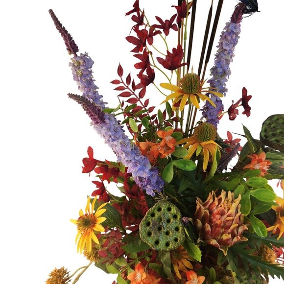 Artificial Floral Arrangement In Fishing Creel Basket With Vibrant Red Purple & - Picture 12 of 15